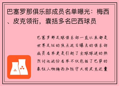 巴塞罗那俱乐部成员名单曝光：梅西、皮克领衔，囊括多名巴西球员